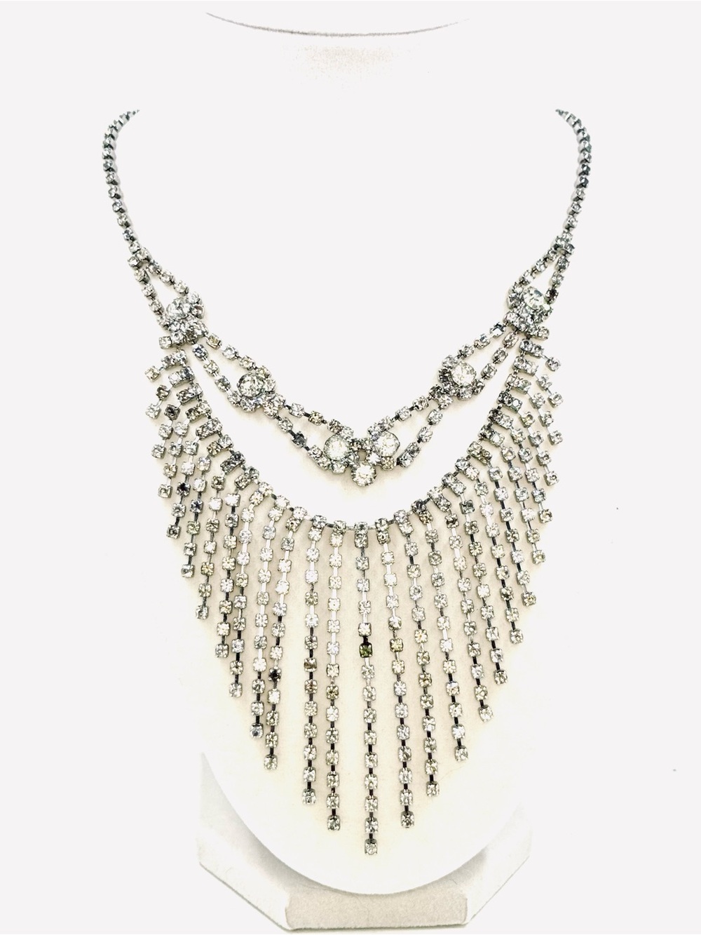 RSVP Vintage Style Silver Tone Clear Rhinestone Long Fringe Bib Necklace 18-21”